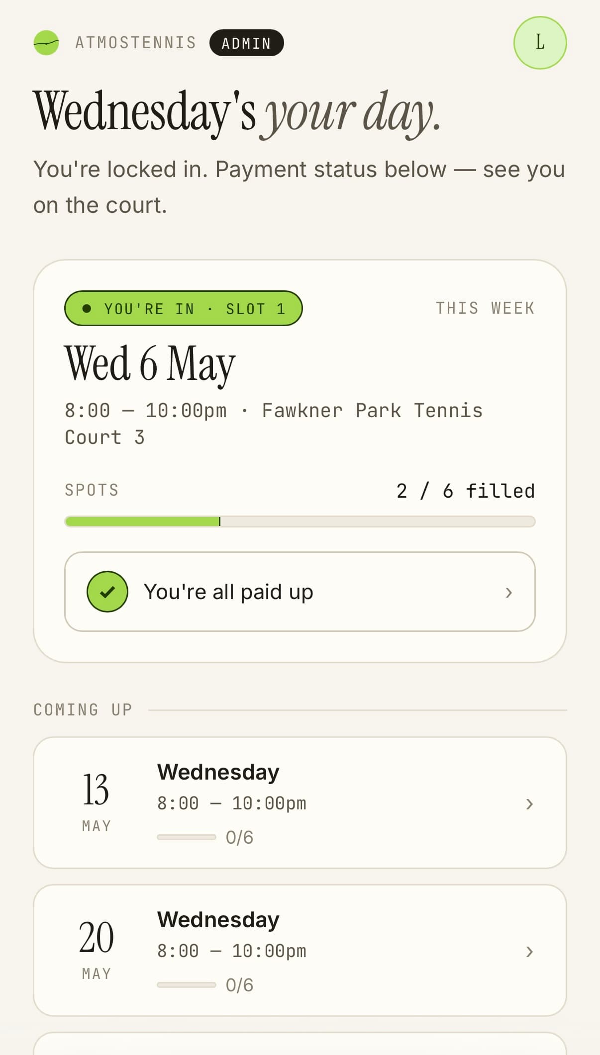 AtmosTennis — weekly tennis RSVP